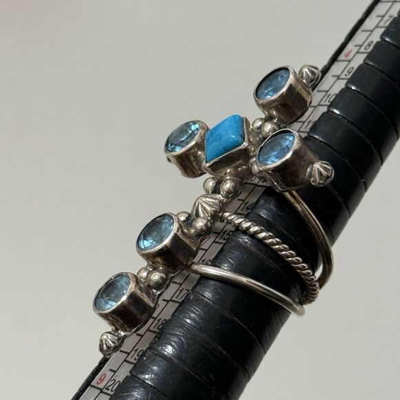 Vintage Running Bear Statement Sterling Cross Ring With Turquoise & Topaz Stones - Picture 3 of 4